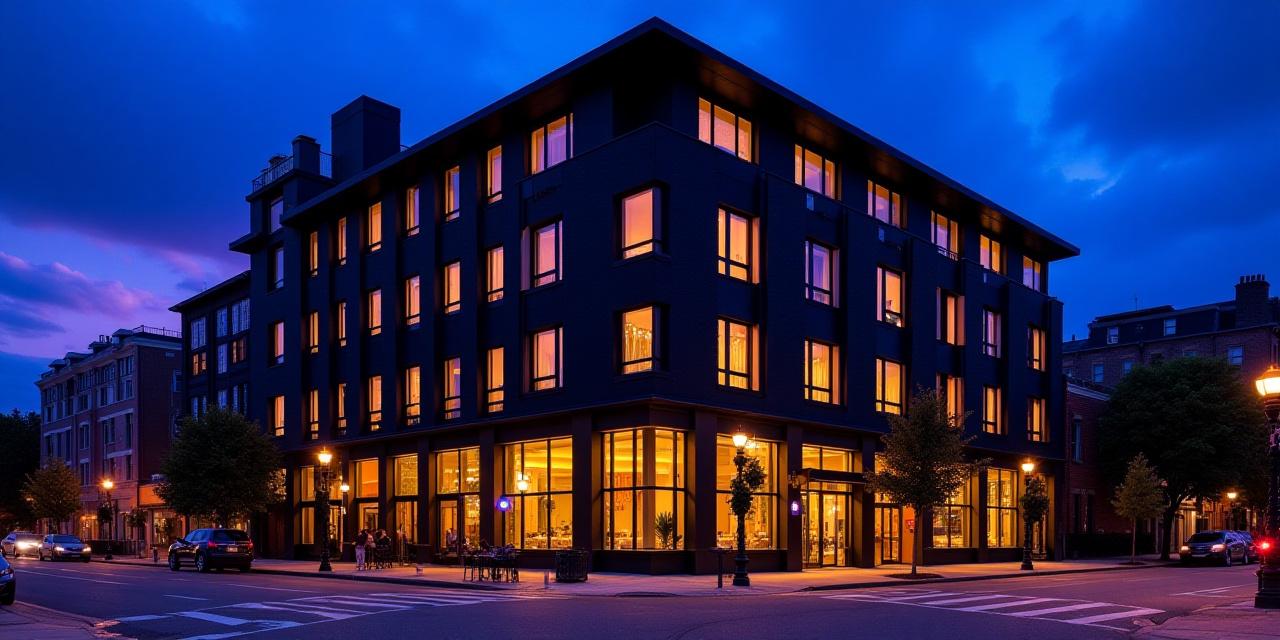 Luxury hotel exterior in Brooklyn at twilight