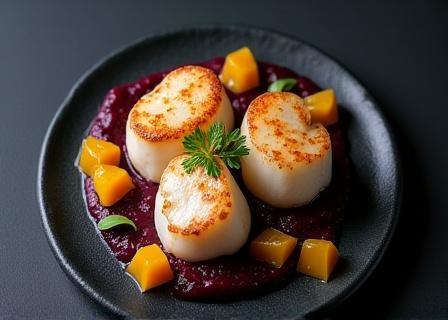 Seared scallops with vibrant sauce