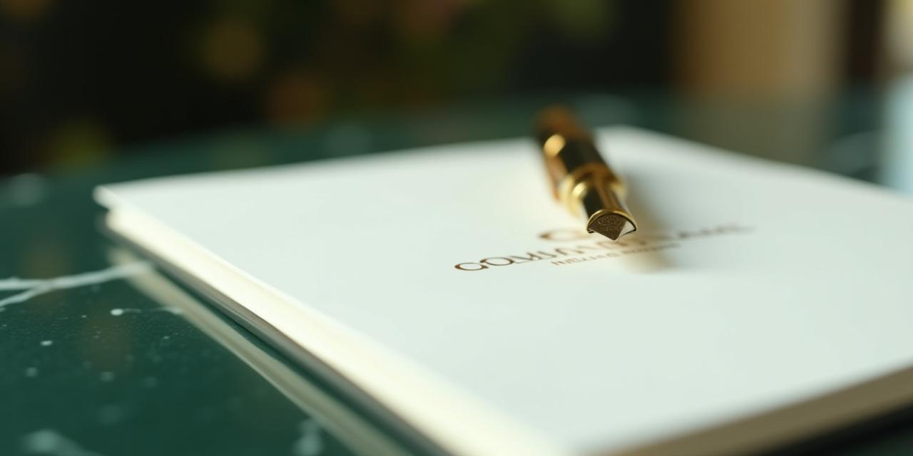 Close up of luxury hotel stationery and a gold pen on a marble desk